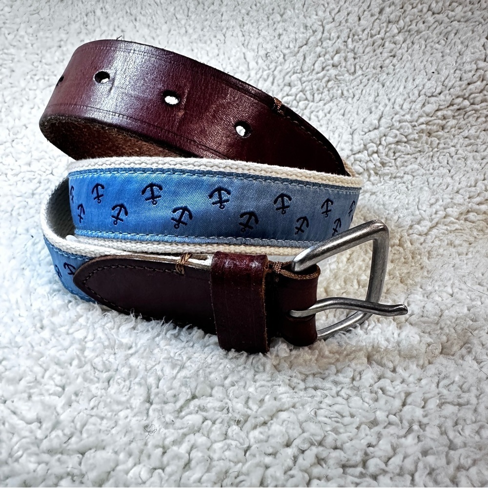 J. Crew Cotton Blue & Cream Anchor Nautical Leather Trim Silver Tone Buckle, 30